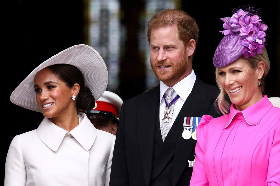 Prince Harry, center, Meghan, Duchess of Sussex, left, and Zara Tindall depart after attending a service of thanksgiving for the reign of Queen Elizabeth II at St Paul’s Cathedral in London Friday June 3, 2022. Tindall, a member of the British royal family, will be in Lexington competing the Land Rover Kentucky Three-Day Event.