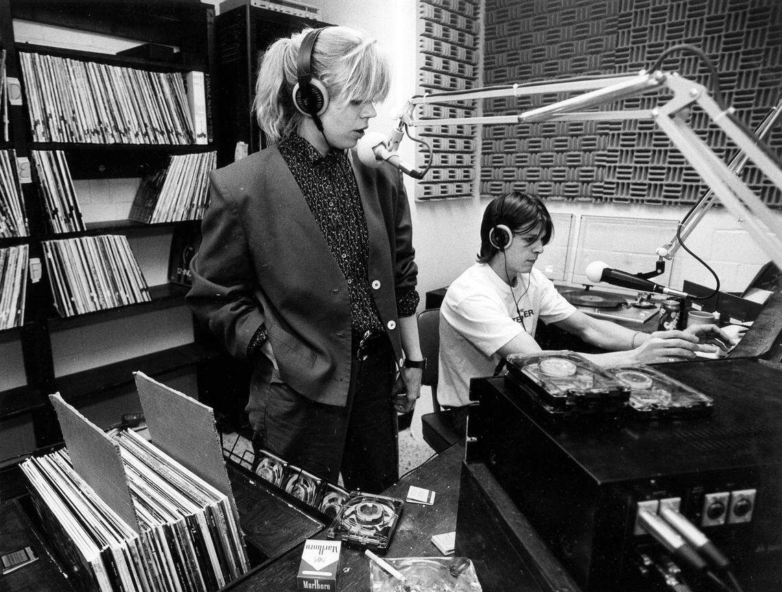 Pink Floyd’s 1987 Rupp Arena concert had lasting effects, as this photo shows: Music director Kakie Urch, left, and Mark Beaty on the first broadcast day for Lexington radio station WRFL (88.1 FM), March 7, 1988. Urch started the college radio station in the bottom floor of the UK Student Center. Its initial broadcasts in March 1988 came out of a makeshift studio constructed, in part, from large chunks of stage plywood donated after a two-night concert stay by Pink Floyd at Rupp Arena the previous fall. The student run, multi-genre/format station has since become a prime Central Kentucky voice for independent music and programming. Today Urch is an Associate Professor at UK’s School of Journalism and Media and a member of WRFL’s advisory board.