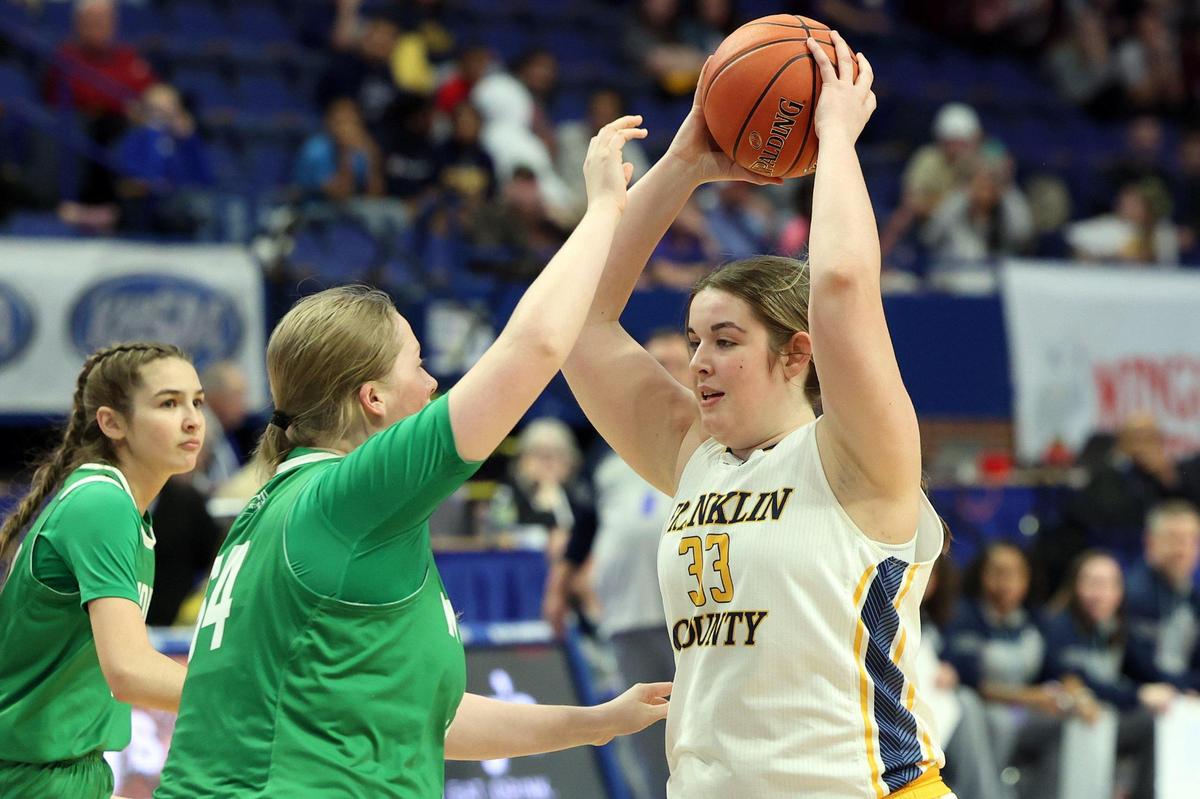 Franklin County’s Juliana Frazee (33) looks for an opening against North Laurel’s Chloe McKnight on Wednesday. Frazee left the game late in the first half with an ankle injury.