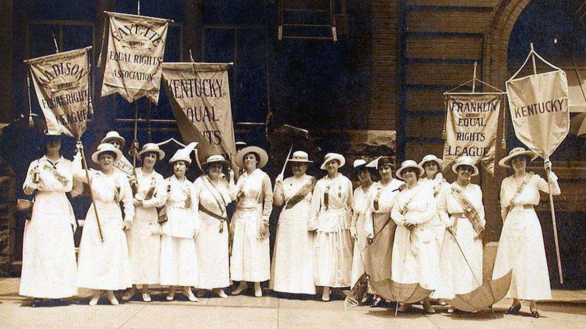Laura Clay of Lexington, center, marches with members of the Kentucky Equal Rights Association from Madsion, Fayette and Franklin counties at the Democratic National Convention in St. Louis in June 1916. Kentuckians were influential leaders in the quest to get women the right to vote in 1920.
