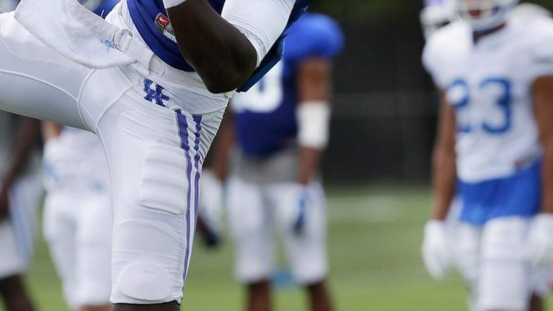 Alexander Montgomery caught a pass in the air during Kentucky football practice at University of Kentucky in Lexington, Ky., on Aug. 18, 2015. Photo by Pablo Alcala | Staff