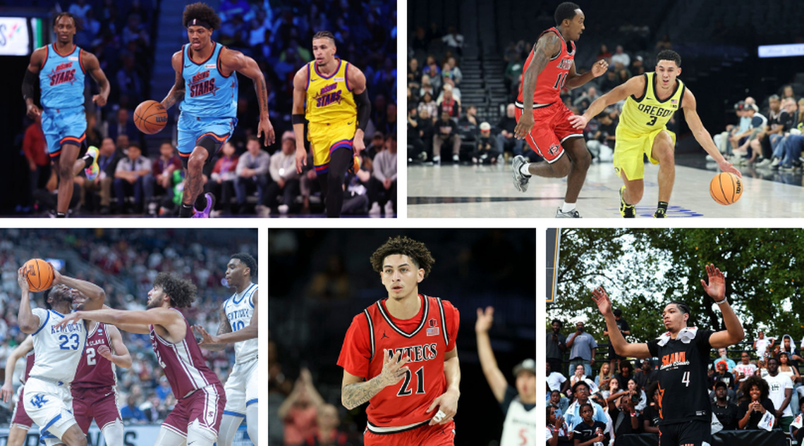 Dink Pate (top left), Jackson Shelstad (top right), Allen Graves (bottom left), Miles Byrd (bottom center) and Tyran Stokes (bottom right) are all potential roster additions for Kentucky basketball this offseason.