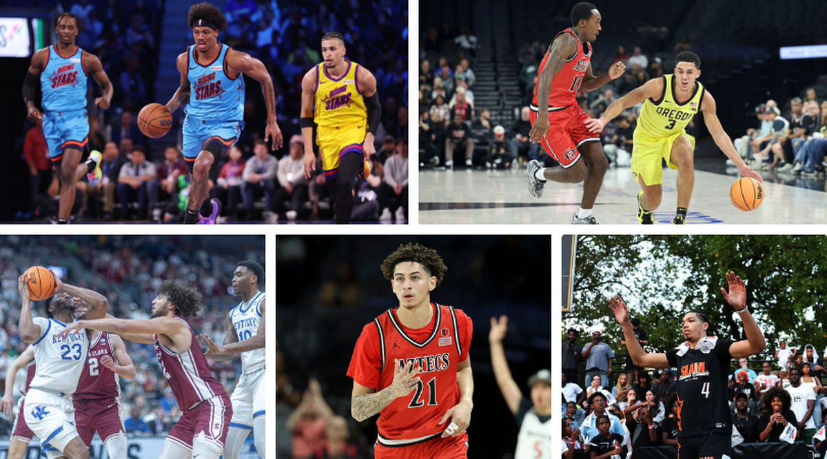 Dink Pate (top left), Jackson Shelstad (top right), Allen Graves (bottom left), Miles Byrd (bottom center) and Tyran Stokes (bottom right) are all potential roster additions for Kentucky basketball this offseason.