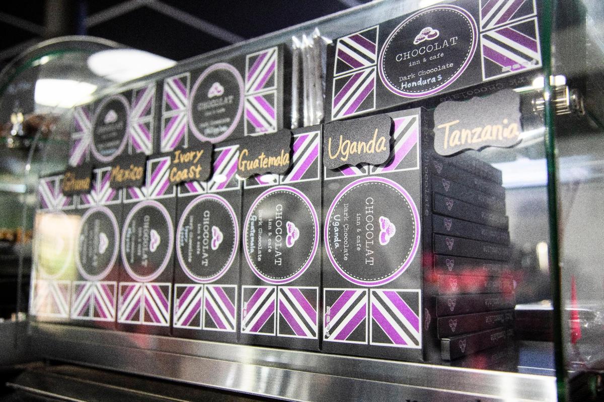 Various chocolate bars and candies from around the world for sale at the Chocolat Inn & Café.