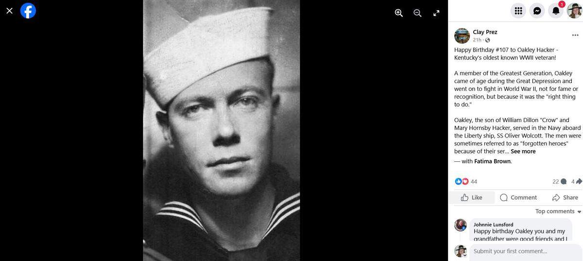 Oakley Hacker, a resident of the Paul E. Patton Eastern Kentucky Veterans Center in Hazard, celebrated his 107th birthday Monday and received several well wishes on social media.