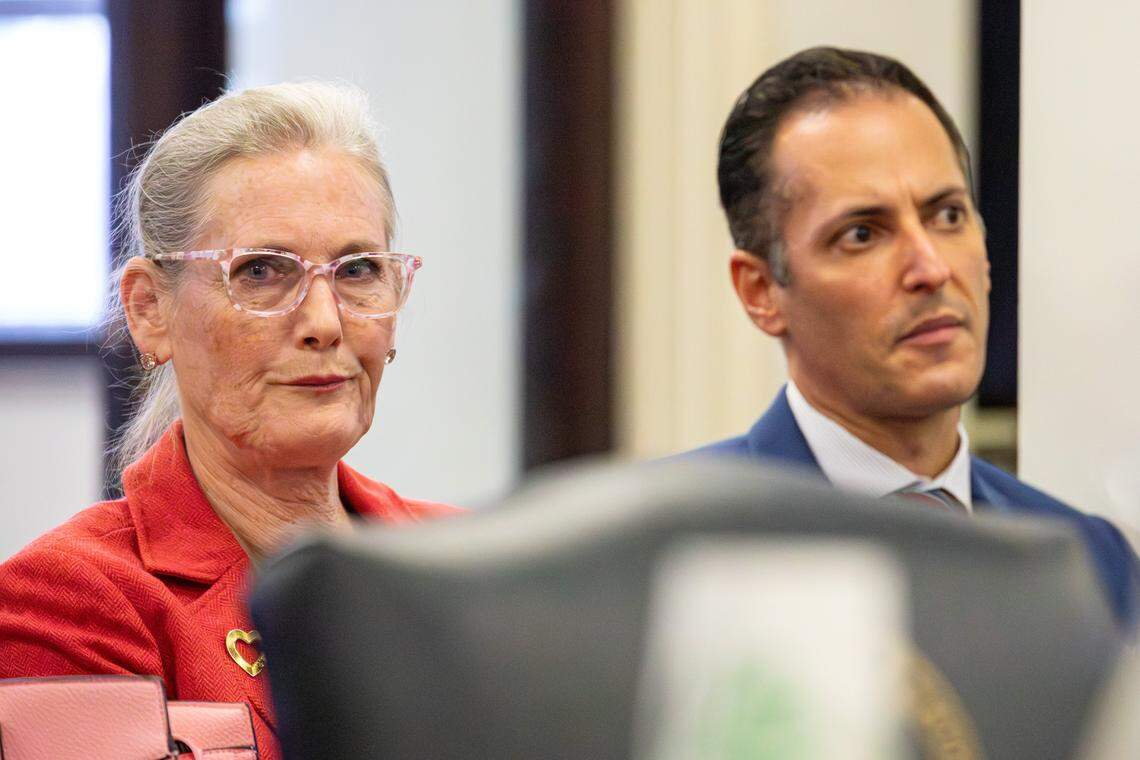 Attorney Anna Whites, sitting next to her client, Rep. Daniel Grossberg, D-Louisville, prior to his scheduled public hearing at the Capitol Annex on Feb. 2, 2026, in Frankfort, Ky.