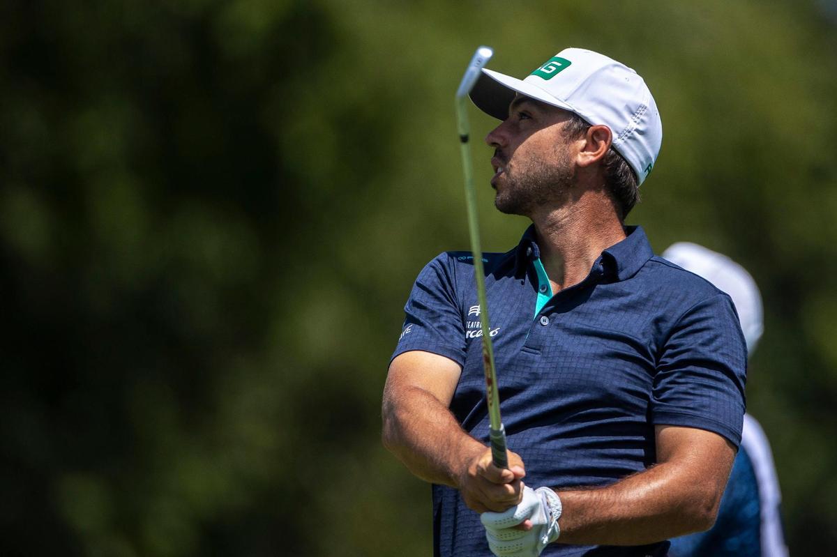 Sebastian Garcia Rodriguez tees off on the ninth hole during the Barbasol Championship at Champions at Keene Trace in Nicholasville, Ky., on Friday, July 14, 2023.