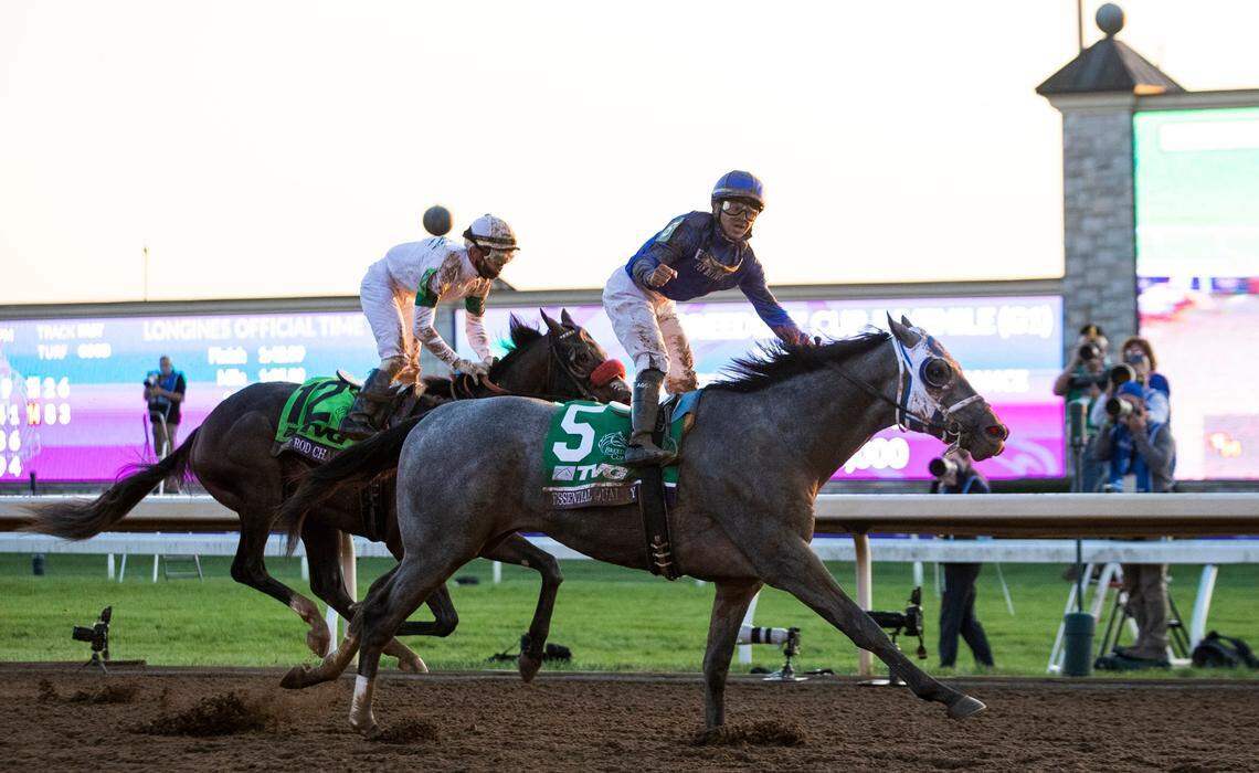 Luis Saez, aboard Essential Quality, celebrated after crossing the finish line ahead of long shot Hot Rod Charlie.