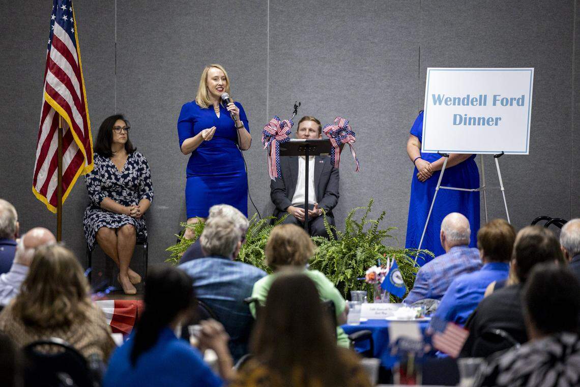 Erin Petrey, a candidate for the 6th district, speaks during the annual Wendell H. Ford Dinner on Tuesday, Sept. 30, 2025, at Clay Community Center in Mt. Sterling, Ky.