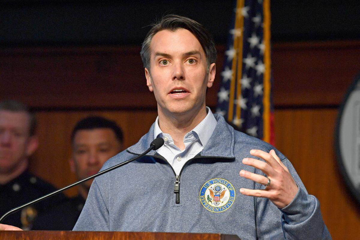 Rep. Morgan McGarvey, D-Ky., responds during a news conference on Monday’s bank shooting at Metro Hall in Louisville, Ky., Tuesday, April 11, 2023. A shooting at the Old National Bank in downtown Louisville killed several people and wounded others.