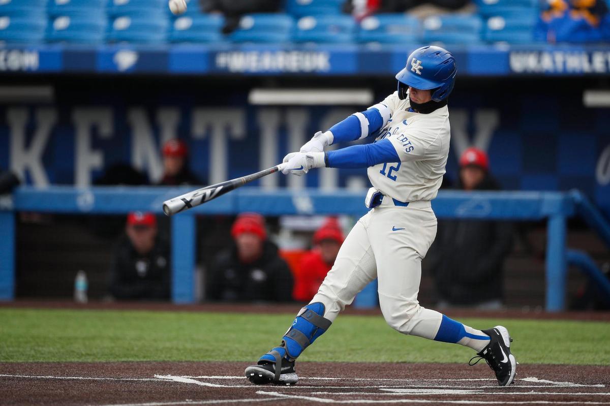 Kentucky infielder Chase Estep hits against Georgia during Saturday’s game at Kentucky Proud Park. He leads the Cats in batting average (.417), runs (34), doubles (10), home runs (eight), RBI (26, tied with Jacob Plastiak) and stolen bases (eight).