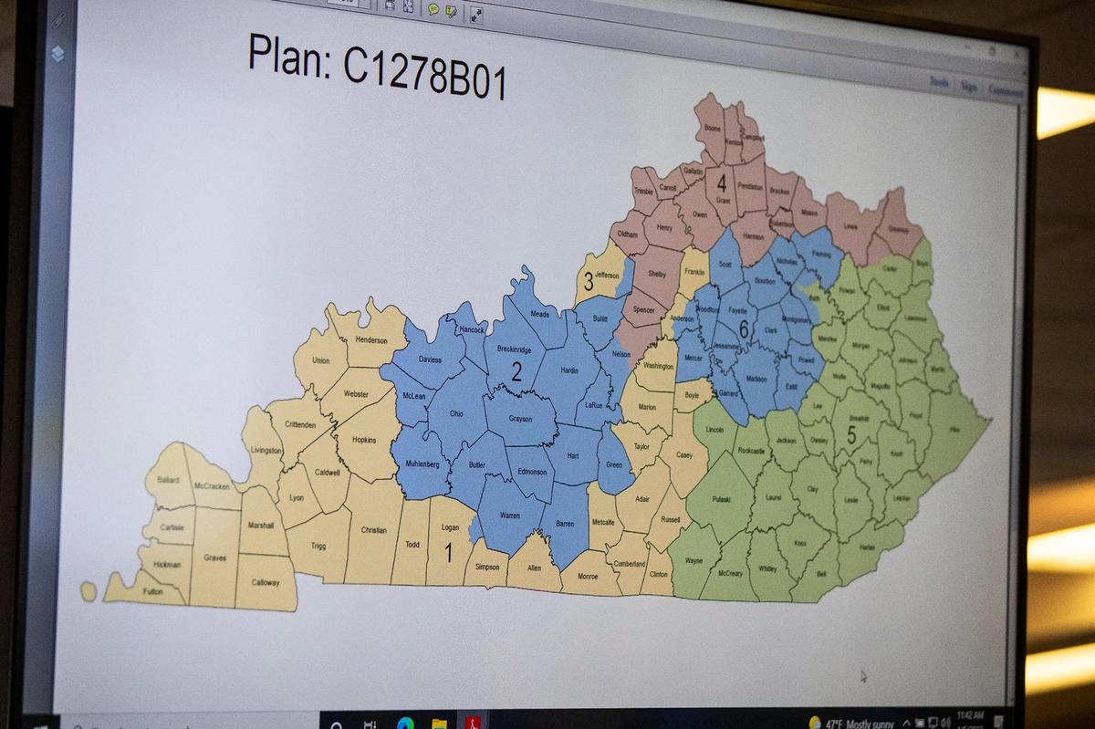 Maps for bills 22RS SB 2 and 22RS SB 3 concerning redistricting are presented during the Senate standing committee on state and local government before the second day the Kentucky General Assembly returned for its 60-workday 2022 session at the Capitol in Frankfort, Ky., Wednesday, January 5, 2022.