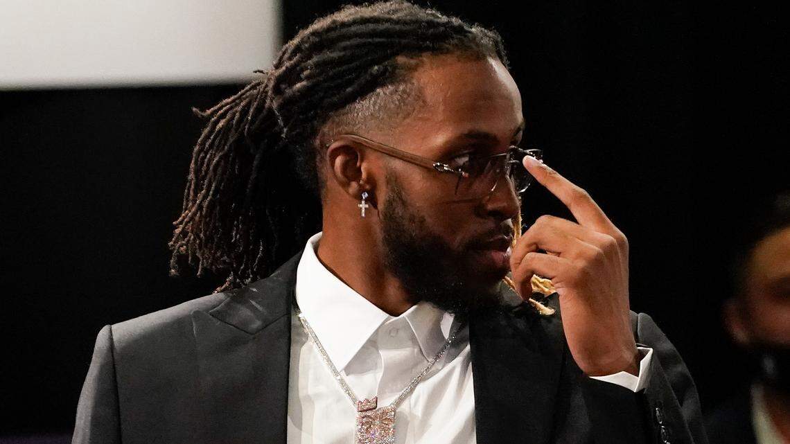 Isaiah Jackson reacts after being selected 22nd overall by the Los Angeles Lakers during the NBA basketball draft, Thursday, July 29, 2021, in New York.