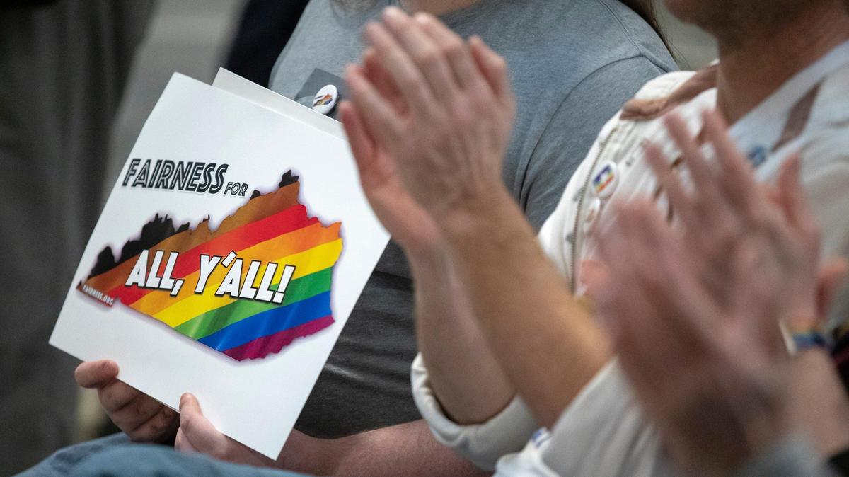 People cheer during the statewide Fairness Rally at the Kentucky state Capitol in Frankfort, Ky., Wednesday, Feb. 19, 2020.