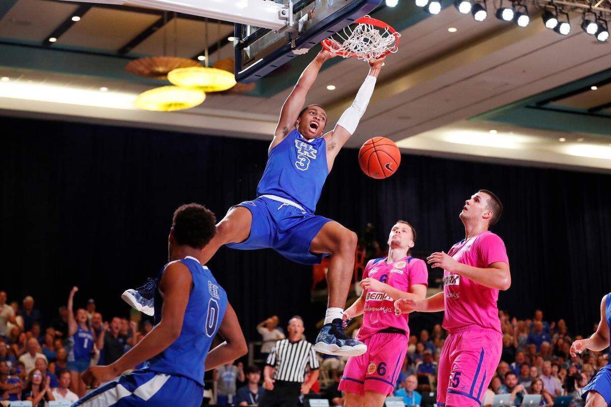 Kentucky freshman Keldon Johnson hammered home a dunk during the Wildcats’ victory over Mega Bemax of Serbia on Saturday night at the Atlantis Resort on Paradise Island, Bahamas.