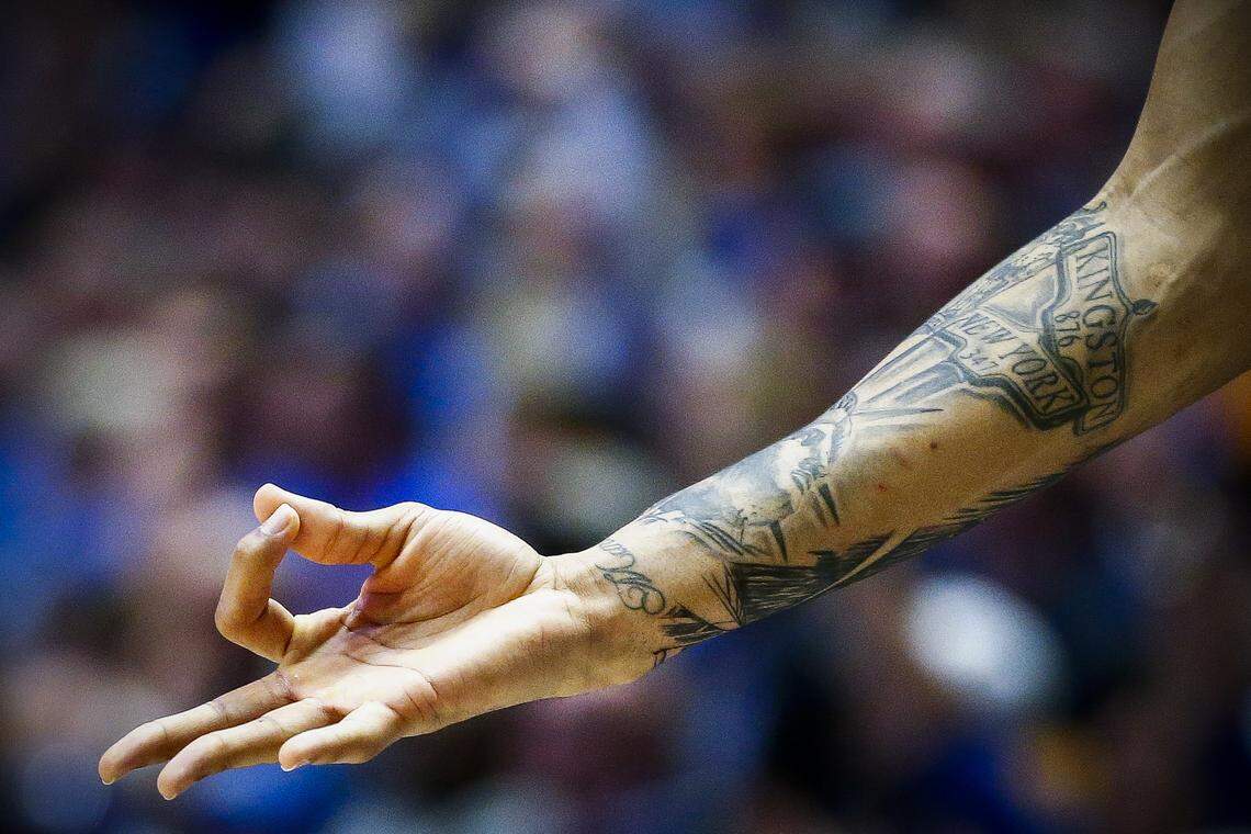 Kentucky’s Nick Richards gestures during the SEC Tournament quarterfinals at Bridgestone Arena in Nashville Friday, March 15, 2019. Kentucky beat Alabama 73-55.