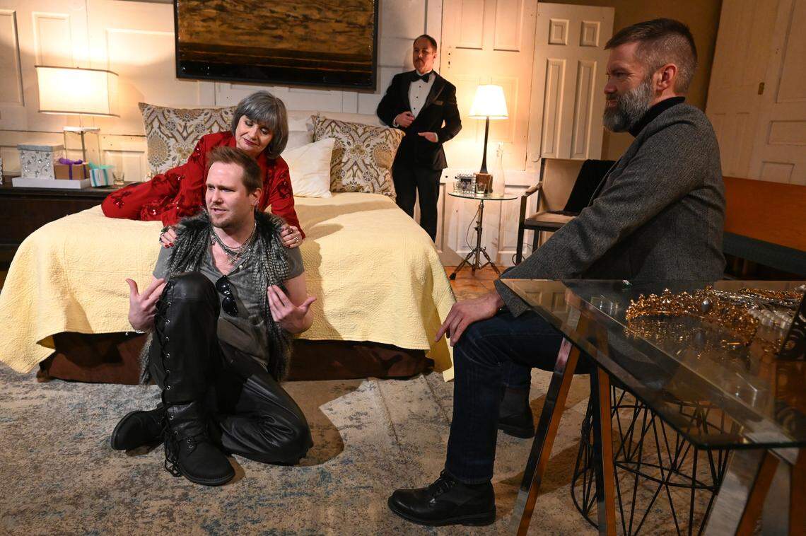 (Clockwise from left) John (Tanner Gray), Eleanor (Missy Johnston), Geoffrey (Tim Hull), and Richard (Shayne Brakefield) in Eleanor’s bedroom. This photo was taken from one of the audience seats with a wide-angle lens. On the Verge Theatre presents “The Lion in Winter” at Luigart Studio, 110 Luigart Court in Lexington, Kentucky, Jan. 23-Feb. 1. This photo was taken at a rehearsal Jan. 17, 2025.