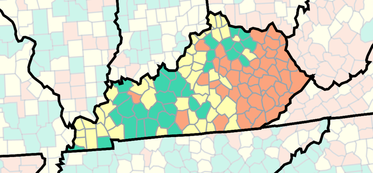 This map of Kentucky from the U.S. Centers for Disease Control and Prevention shows COVID-19 community levels by county as of Sept. 16, 2022. Those in orange are at high, yellow are at medium and green are at low.
