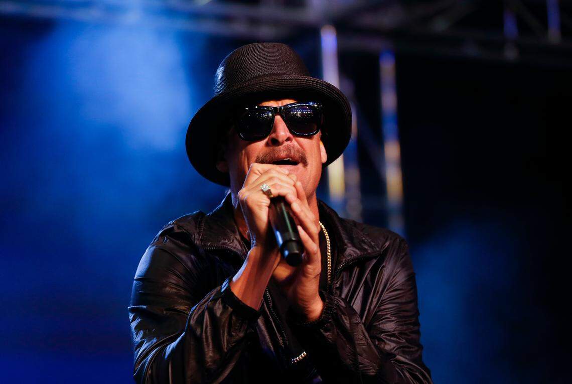 Kid Rock performs during a rally for Republican U.S. Senate candidate John James in Pontiac, Mich., Wednesday, Oct. 17, 2018. (AP Photo/Paul Sancya)