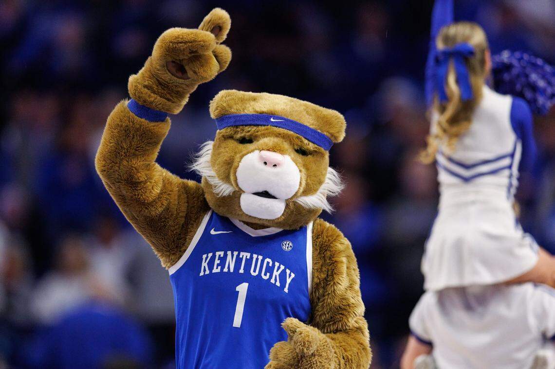 Dec 11, 2024; Lexington, Kentucky, USA; The Kentucky Wildcats mascot pumps up the crowd before the game against the Colgate Raiders at Rupp Arena at Central Bank Center. Mandatory Credit: Jordan Prather-Imagn Images