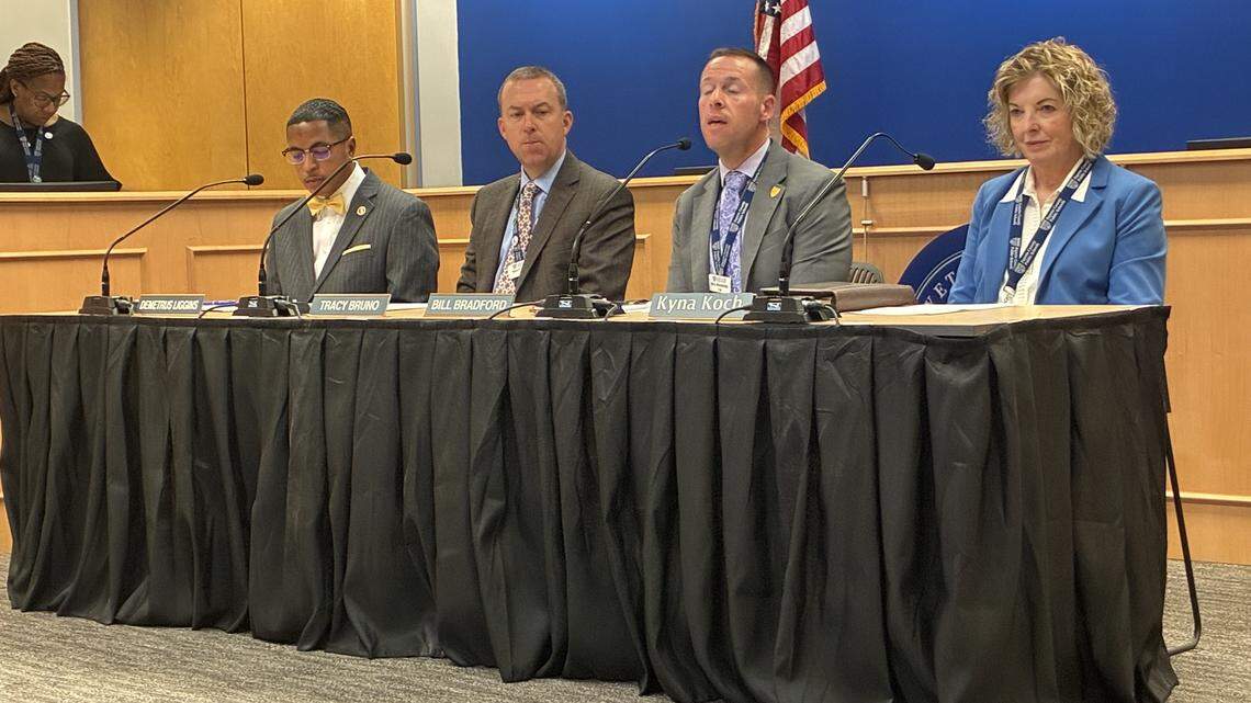 Fayette County Public School officials discuss budget, staffing cuts during a press conference April 28, 2026, in Lexington, KY.