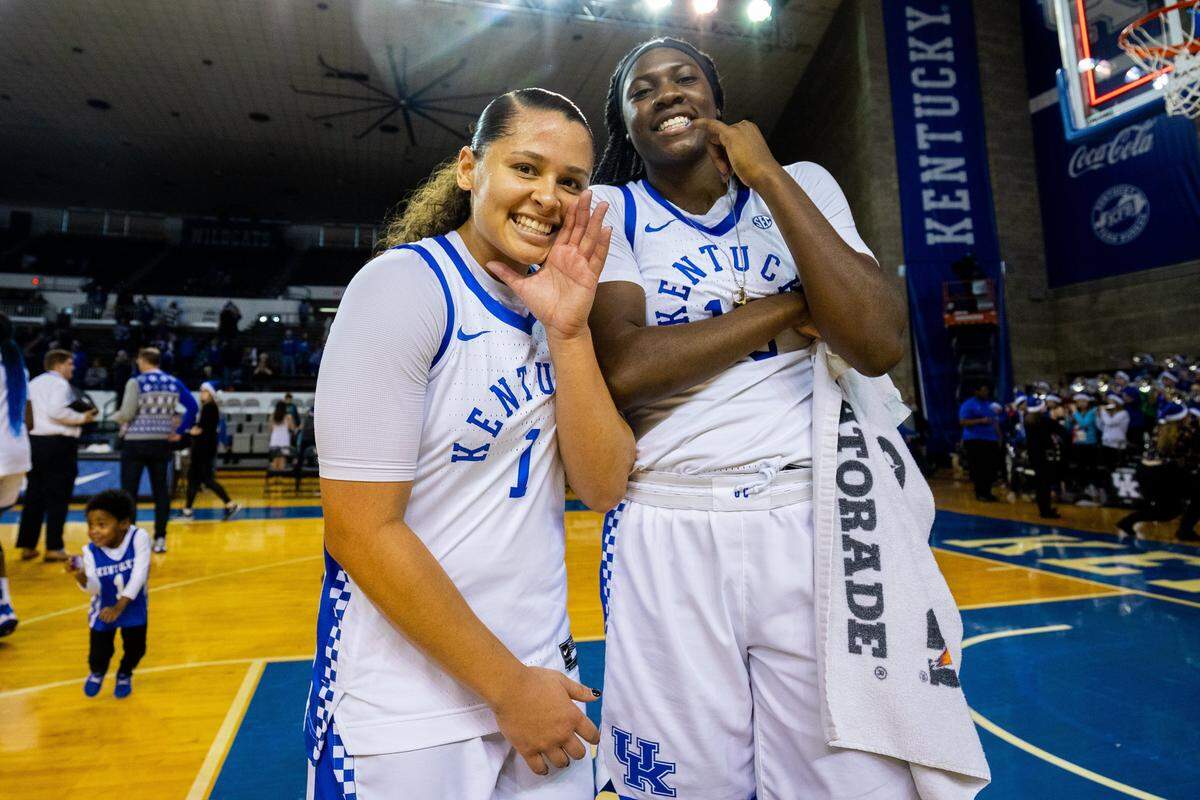 Kentucky sophomore guard Rhyne Howard (right) and senior guard Sabrina Haines celebrated after the Wildcats beat Samford, 79-49, on Sunday, Dec. 8, 2019, in Memorial Coliseum in Lexington.
