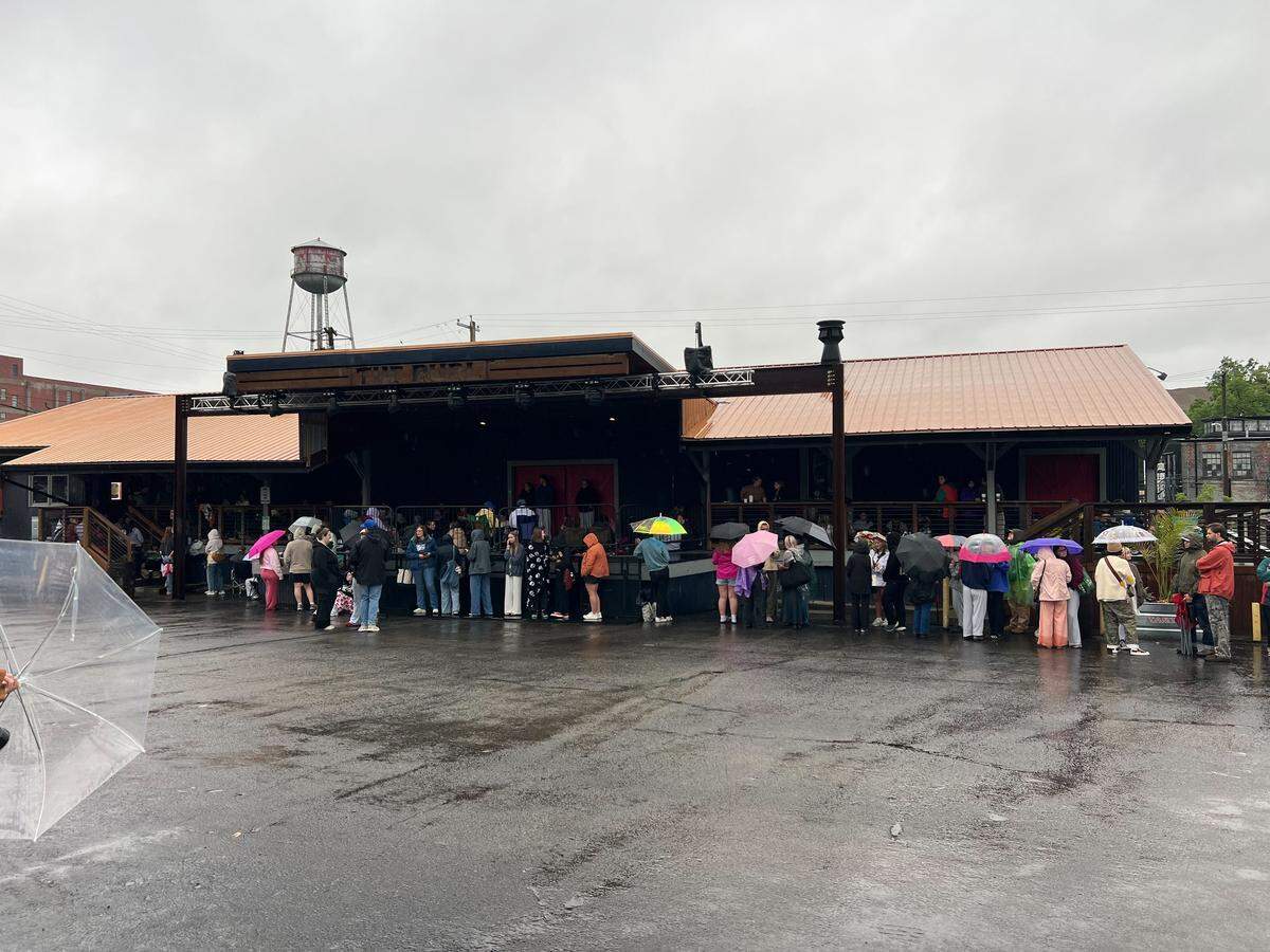 Fans lined up outside of The Burl on Friday, May 22, 2026, in anticipation of a Phoebe Bridgers pop-up concert, which was announced that morning.