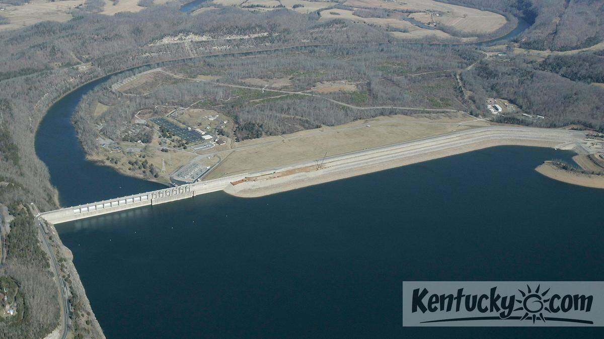 Aerial view of the Wolf Creek Dam on Lake Cumberland near Russell Springs,  Ky. Thursday, February 22, 2007. The Wolf Creek Dam is leaking and the level  of lake Cumberland has been lowered while repairs are being made.   Photo by Charles Bertram | Staff