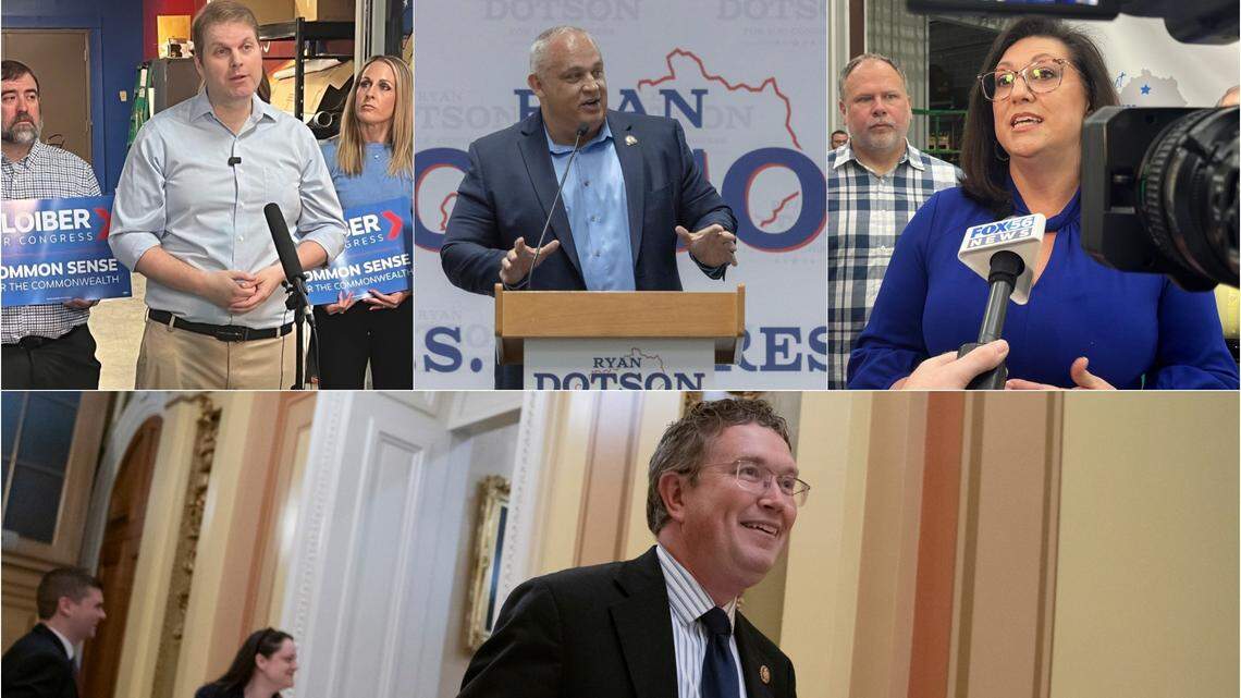 (Clockwise from top right) Democratic 6th Congressional District candidate David Kloiber, GOP 6th Congressional District Rep. Ryan Dotson, Democratic 6th Congressional District Cherlynn Stevenson and Republican U.S. House Rep. Thomas Massie.