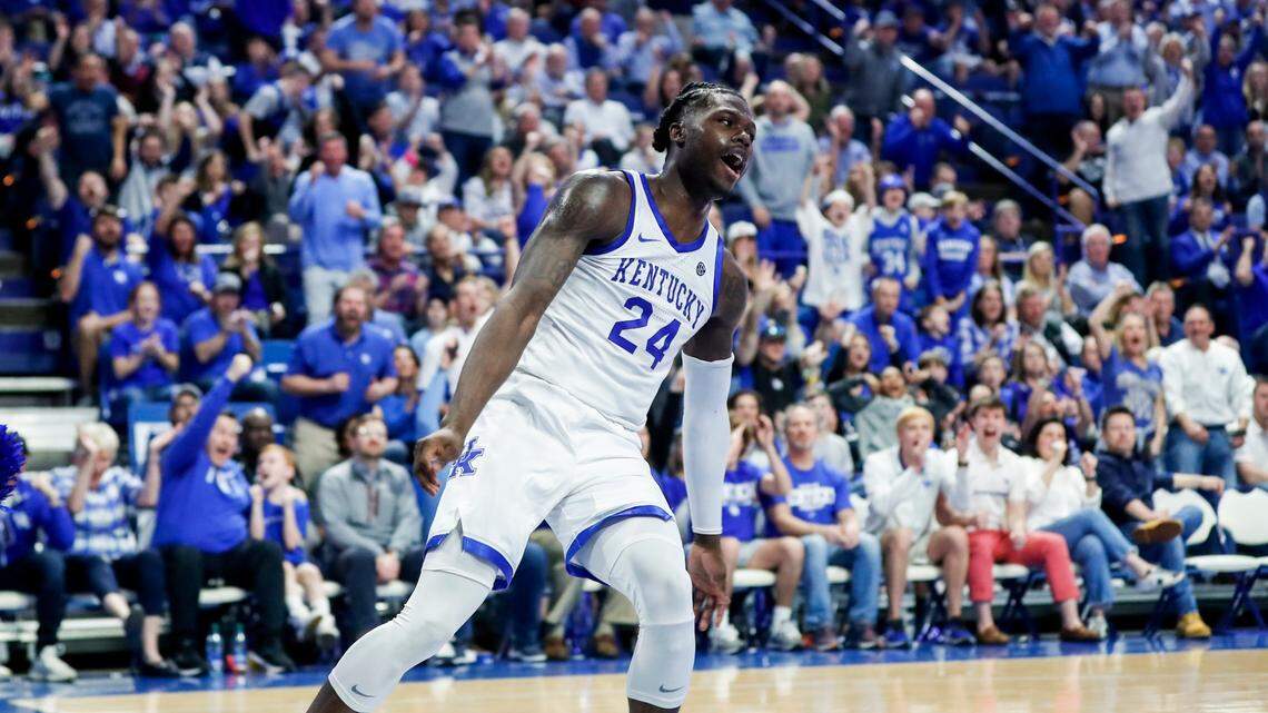 Kentucky forward Chris Livingston celebrates a dunk against Vanderbilt during a game at Rupp Arena on March 1.