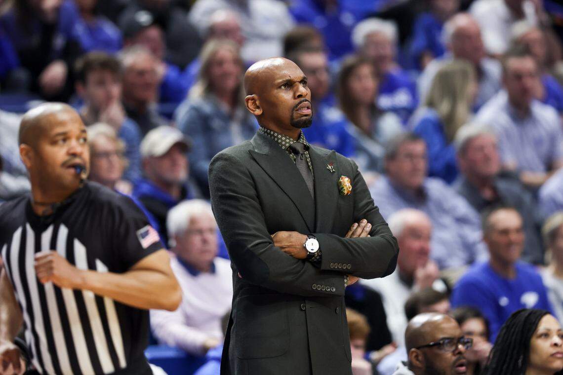 Vanderbilt coach Jerry Stackhouse looks on during Wednesday’s game against Kentucky at Rupp Arena.