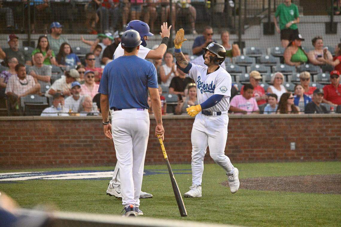 Lexington Legends player EJ Cumbo celebrates his first professional home run on June 20, 2025.