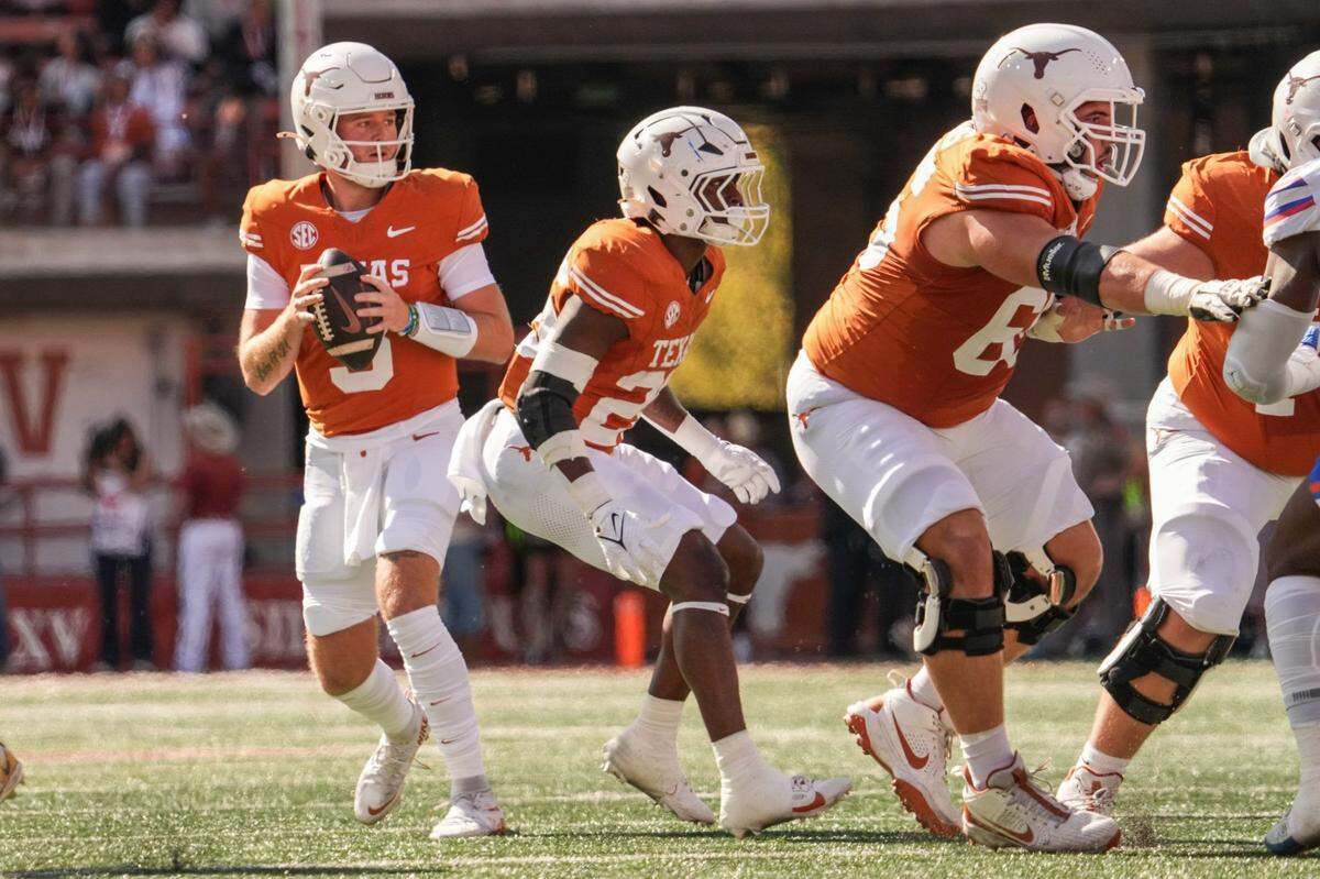 Texas quarterback Quinn Ewers (3) has a 23-7 record as the Longhorns’ starting QB and has thrown for at least one touchdown in 21 straight games.