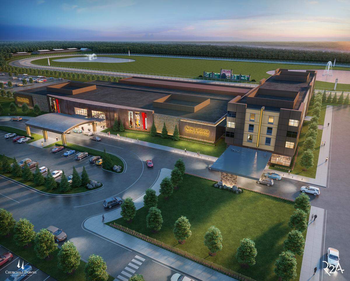 An artist’s rendering of the the New Latonia racing and gaming facility and hotel proposed for northern Kentucky by Churchill Downs Inc.