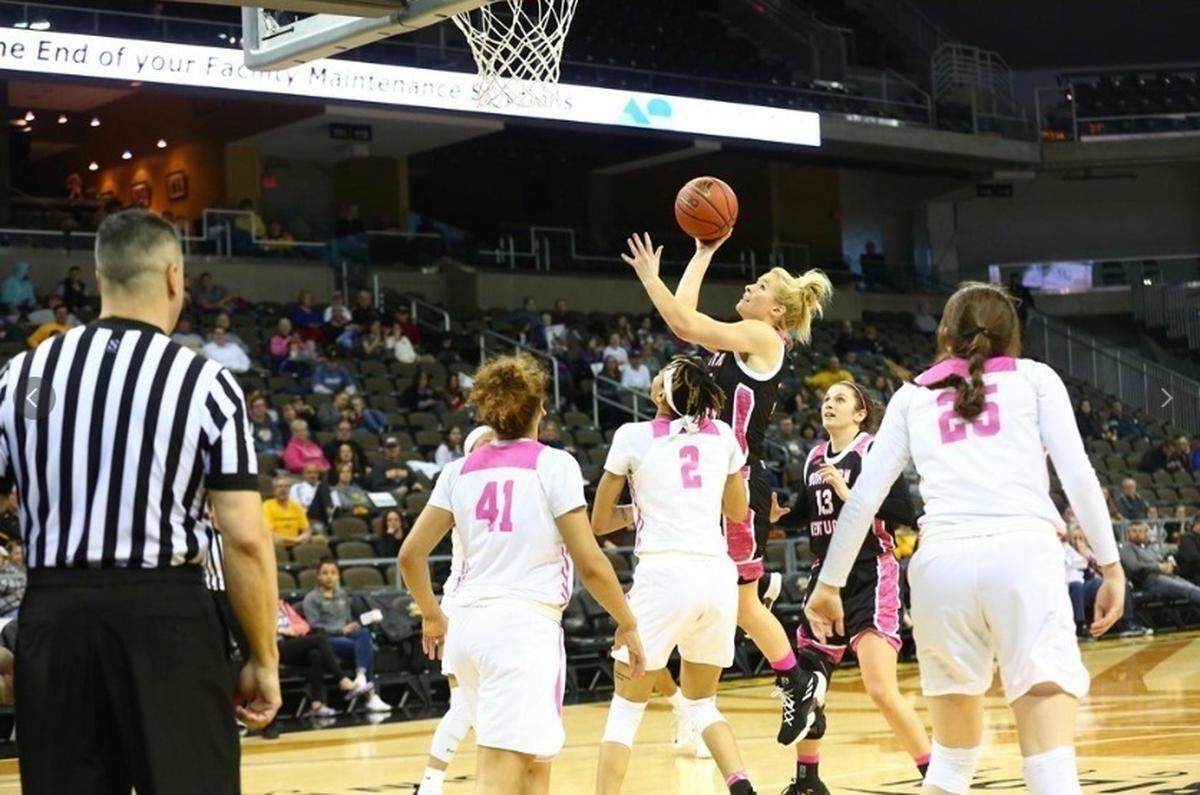 Taryn Taugher goes up for a shot during Northern Kentucky University’s Senior Night last month.