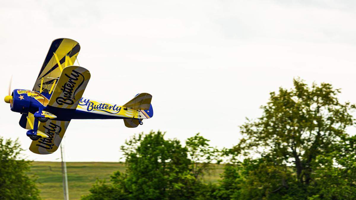 Member of the Lexington Model Airplane Club (LMAC) who built “Utterly Butterly” from scratch, takes it out for its last flight on the LMAC Flying Facility runway, during the group's final fun fly event on May 9, 2026, in Lexington, Ky.