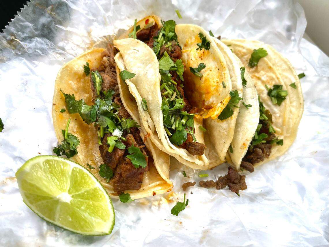 El Buen Tacos at 1445 Village Dr. offers a variety of tacos including your choice of beef, chicken, barbeque, pork, cow head, cow tongue, or cow intestine.
