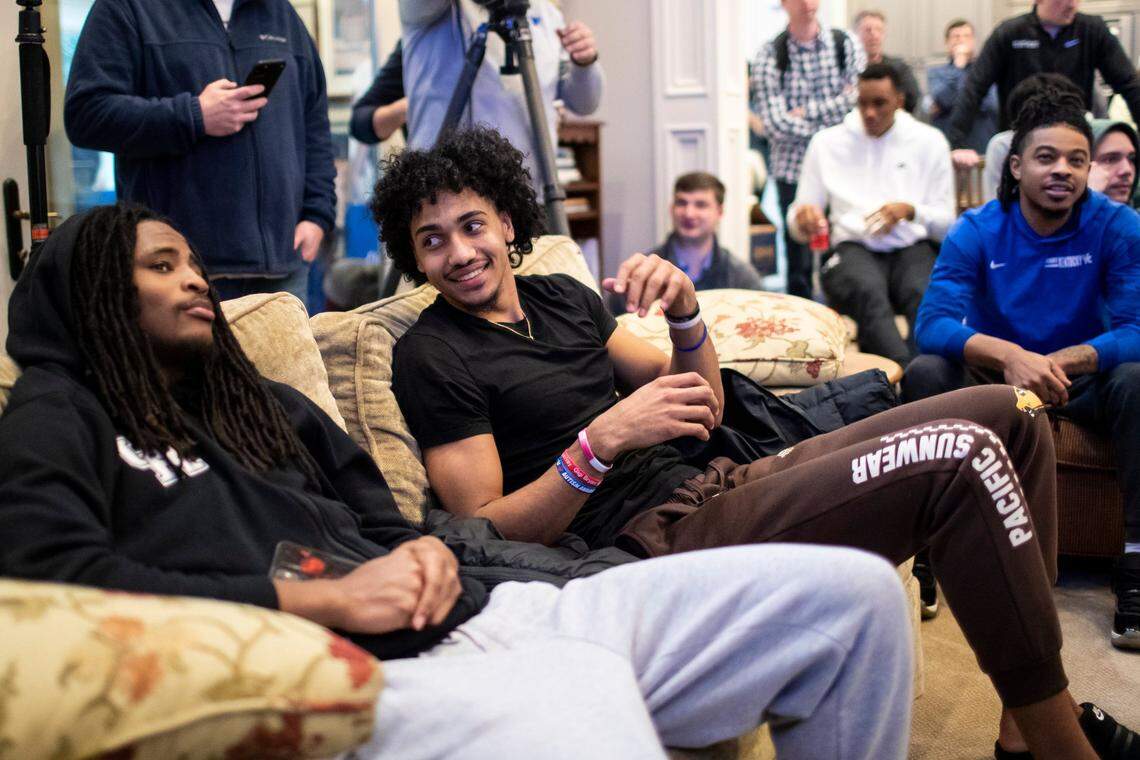 Kentucky’s Jacob Toppin (0) reacts after the team’s opponent is revealed for the NCAA Tournament on Sunday night.