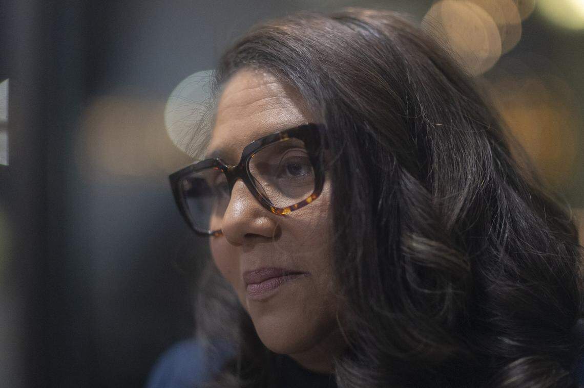 Lexington mayoral candidate Raquel Carter speaks to members of the media following a campaign launch at the Mirror Twin Brewing Annex in Lexington, Ky., on Monday, Feb. 2, 2026. 