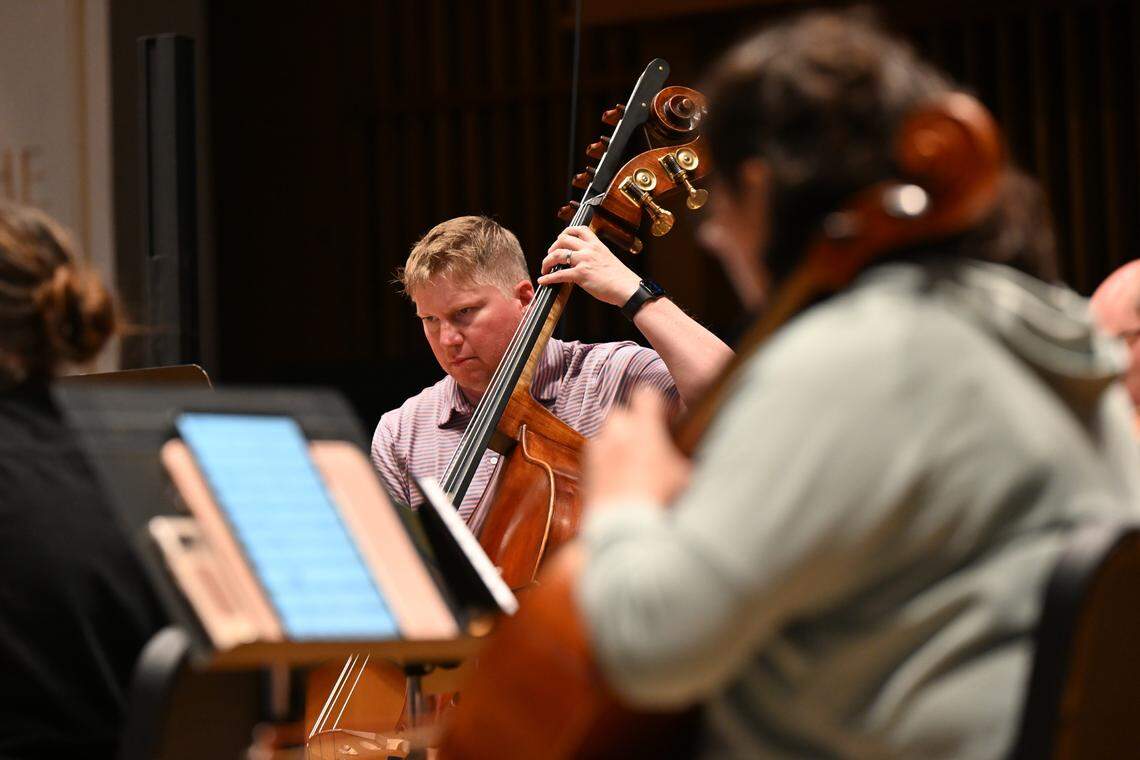 Bassist Paul Reich will pick up an electric bass for the “Bridgerton” portion of the LCO’s May 30 concert. The Lexington Chamber Orchestra, conducted by Music Director Marcello Cormio, rehearsed for their May 30 concert at the Lexington Opera House at Centenary Church in Lexington, Kentucky on May 27, 2025.