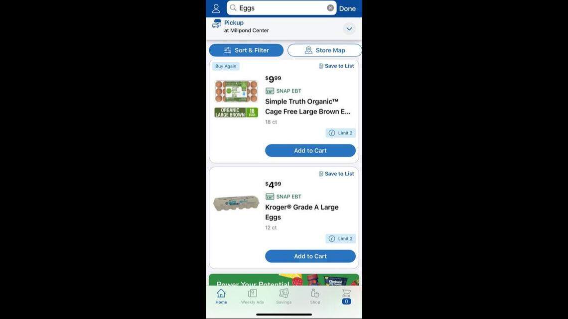 This screenshot taken around 3 p.m. Feb. 14 shows egg limits on the Kroger app when tooled to place an order at the company’s Millpond location in Lexington.