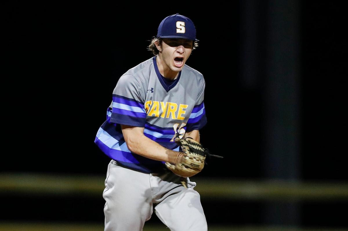 Sayre pitcher Raymond Saatman (15) pitched a complete game three-hitter to improve to 8-1 this season and lead the Spartans to the 11th Region title game.
