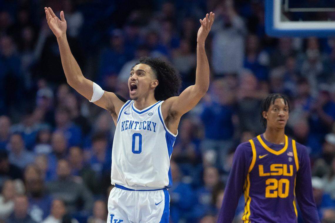 Kentucky forward Jacob Toppin (0) gestures during Tuesday’s game against LSU at Rupp Arena.