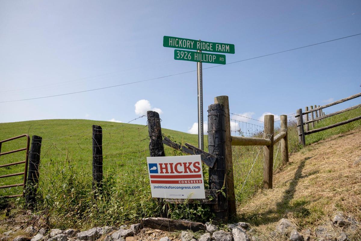 A sign for the family farm of Josh Hicks, democratic candidate for the U.S. House in the 6th Congressional District outside of Ewing, Ky., Thursday, September 10, 2020.