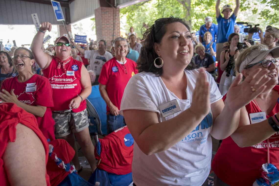 Kentucky school teachers rallied as Attorney General Andy Beasher spoke during the political speeches Saturday, August 4, 2018, in Fancy Farm, Ky  