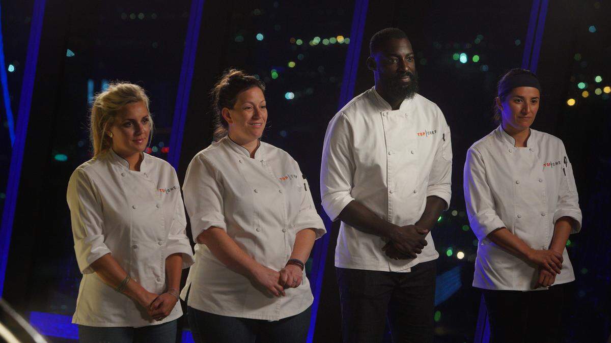 Chefs Kelsey Barnard Clark, Sara Bradley, Eric Adjepong and Michelle Minori line up to hear their fate: Who will go on to the Macau finale, and who won’t?