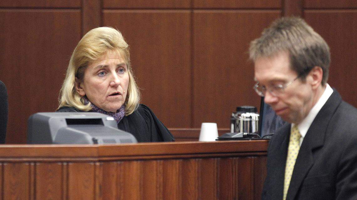 Fayette Circuit Judge Kimberly Bunnell, left, talked with Donald Southworth on Friday during a bench conference with attorneys during the penalty phase of Southworth's trial. The jury deliberated a little more than three hours Friday before returning with a guilty verdict.  