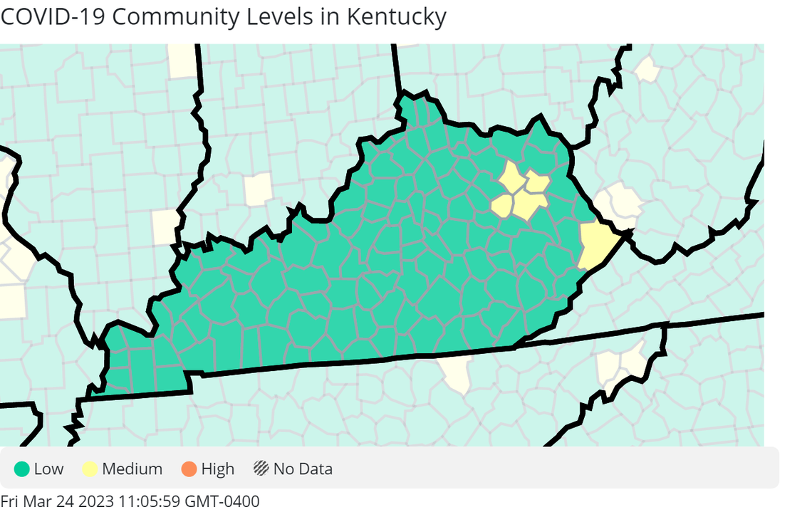 Kentucky’s COVID-19 Community Levels, per the U.S. Centers for Disease Control and Prevention.