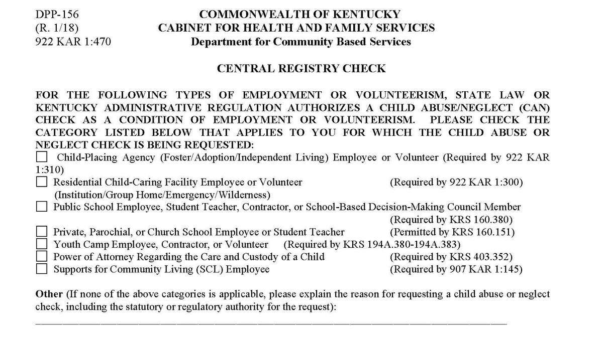 Top of form DPP-156, Commonwealth of Kentucky Cabinet for Health and Family Services, Department for Community Based Services, Central Registry Check.