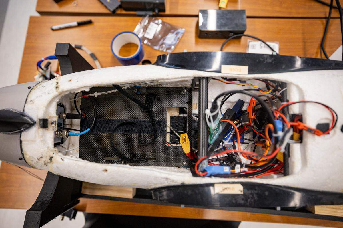 Some wires and hardware inside a drone on Monday, July 14, 2025, at the University of Kentucky campus in Lexington, Ky.